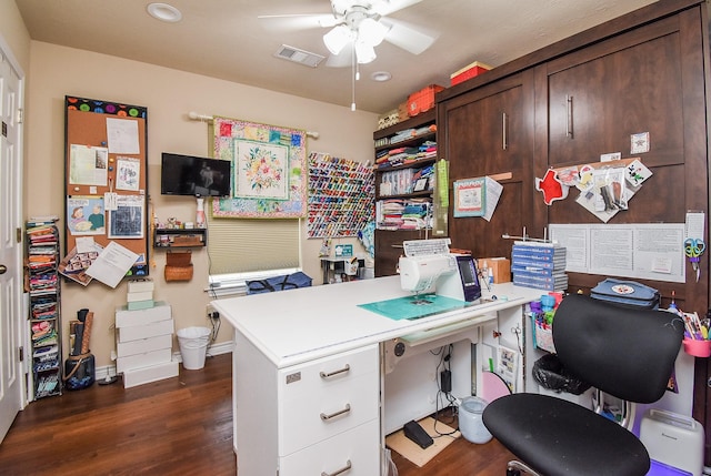 office featuring ceiling fan and dark wood-type flooring