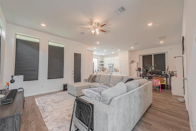 living room featuring ceiling fan and wood-type flooring