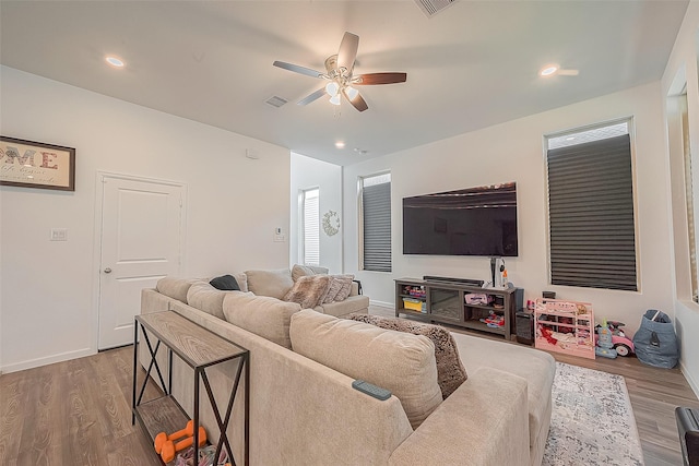 living room with ceiling fan and wood-type flooring