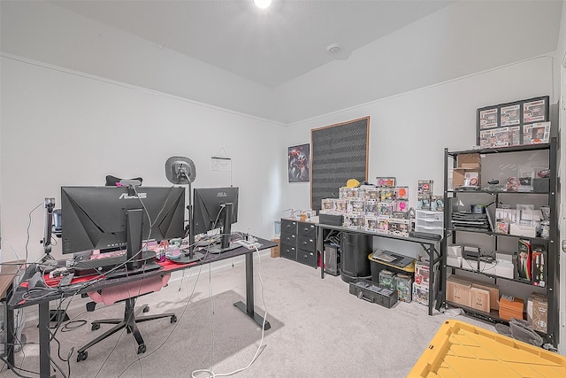 office with carpet and lofted ceiling