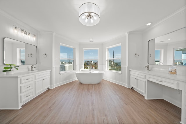 bathroom featuring wainscoting, wood finished floors, and ornamental molding