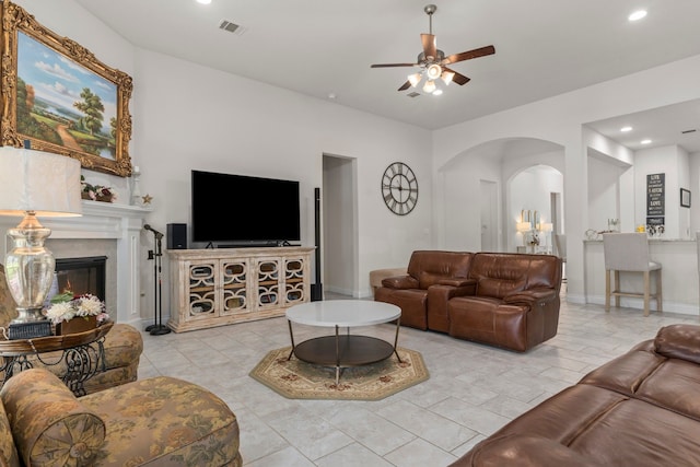 living room with ceiling fan