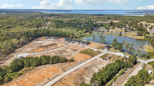 bird's eye view with a forest view and a water view