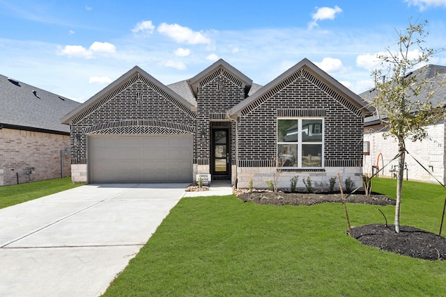 view of front of house with stone siding, concrete driveway, a front yard, a garage, and brick siding