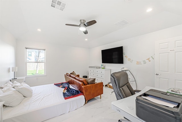 bedroom with ceiling fan and lofted ceiling