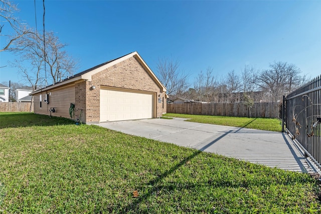 view of property exterior featuring a garage and a yard