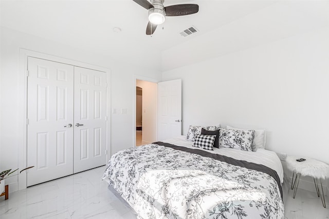 bedroom featuring ceiling fan and a closet