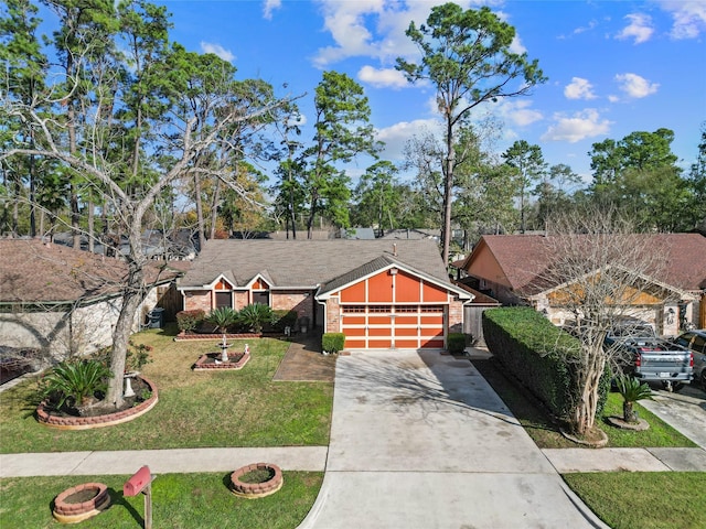 ranch-style home with a garage and a front yard