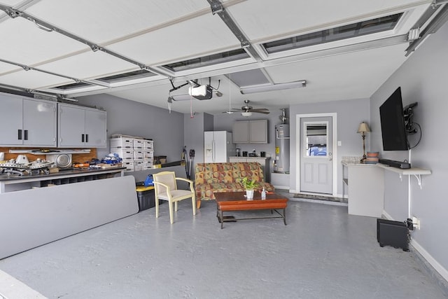 garage with water heater, white refrigerator with ice dispenser, and a garage door opener