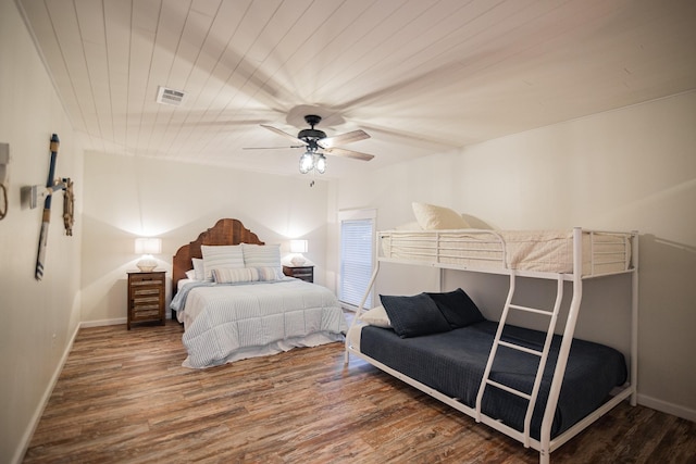 bedroom with ceiling fan, dark wood-type flooring, and wooden ceiling