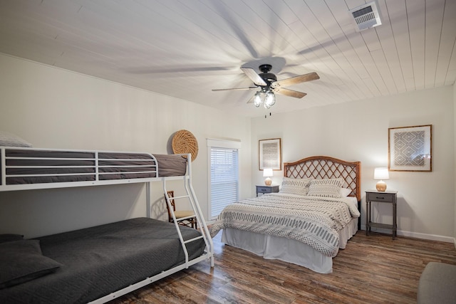 bedroom with ceiling fan, dark hardwood / wood-style flooring, and wood ceiling