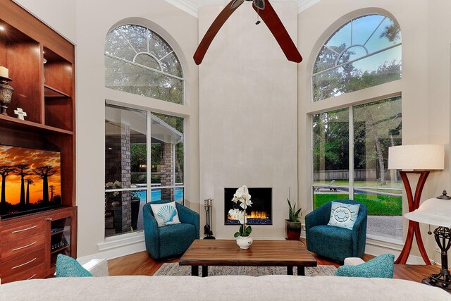 living room with ceiling fan, plenty of natural light, wood-type flooring, and a high ceiling