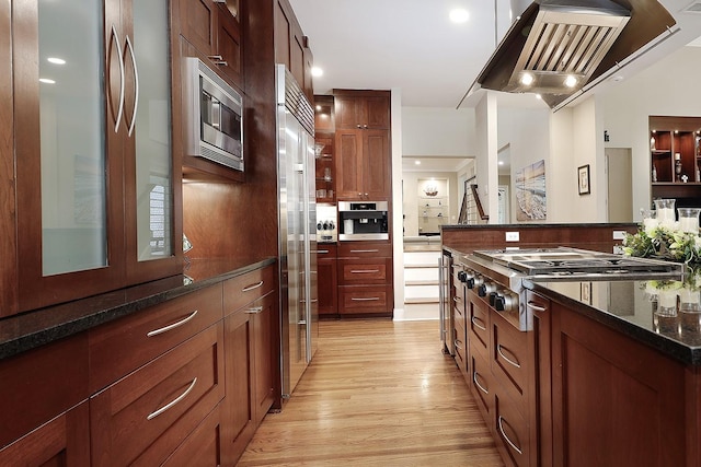 kitchen featuring ventilation hood, dark stone countertops, stainless steel appliances, and light hardwood / wood-style flooring