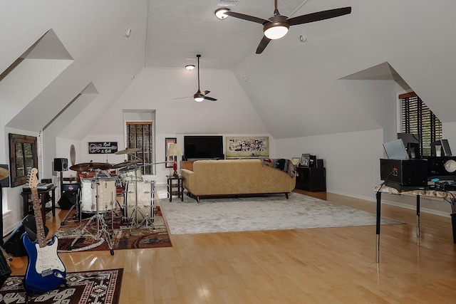 bedroom with hardwood / wood-style floors and lofted ceiling