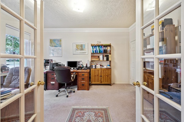 carpeted home office featuring a textured ceiling, crown molding, and french doors