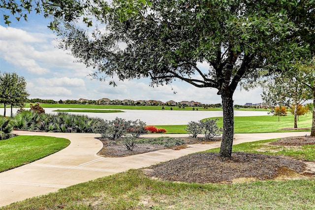 view of community featuring a water view and a yard