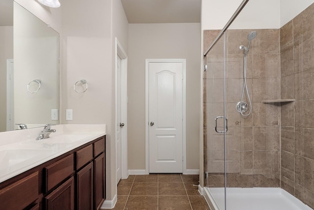 bathroom featuring tile patterned flooring, vanity, and an enclosed shower