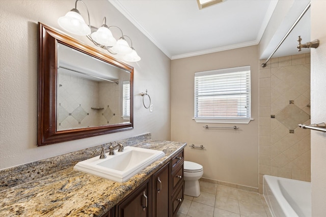 full bathroom featuring vanity, crown molding, tile patterned flooring, toilet, and tiled shower / bath