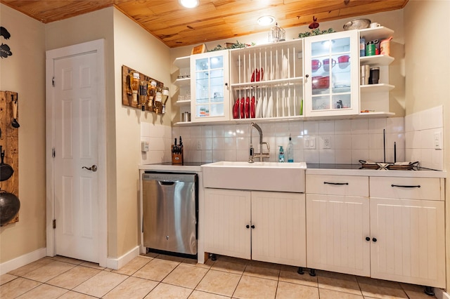 kitchen featuring stainless steel dishwasher, decorative backsplash, white cabinets, and wooden ceiling