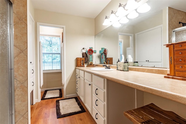 bathroom featuring wood-type flooring, vanity, and an enclosed shower