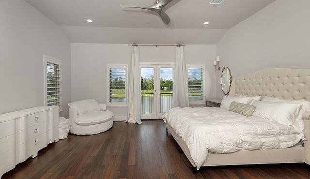 bedroom with ceiling fan, lofted ceiling, dark wood-type flooring, and access to outside