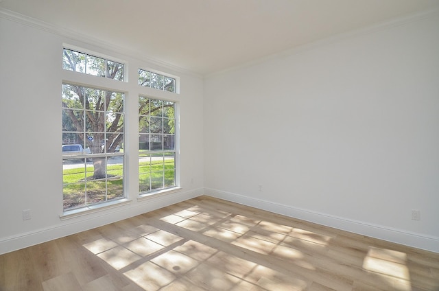 unfurnished room with light hardwood / wood-style flooring and crown molding