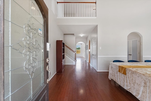 entryway featuring dark hardwood / wood-style flooring and a towering ceiling