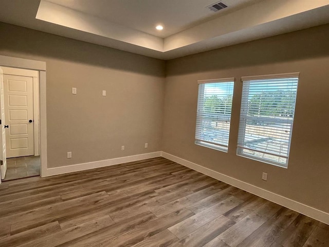 empty room featuring a tray ceiling and hardwood / wood-style flooring