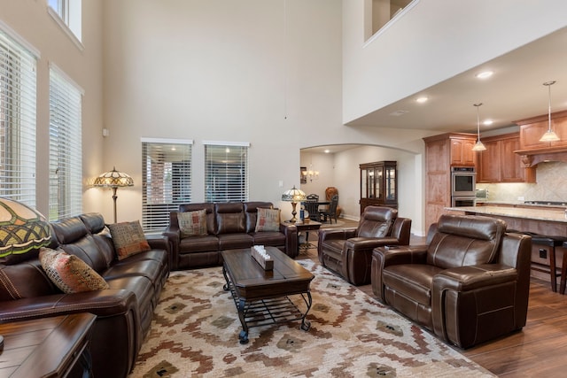 living room with a towering ceiling and dark hardwood / wood-style floors