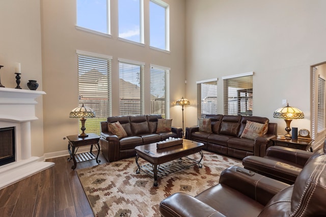 living room featuring a towering ceiling and dark hardwood / wood-style floors