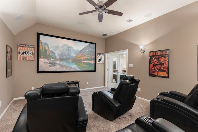 cinema featuring carpet flooring, vaulted ceiling, and ceiling fan