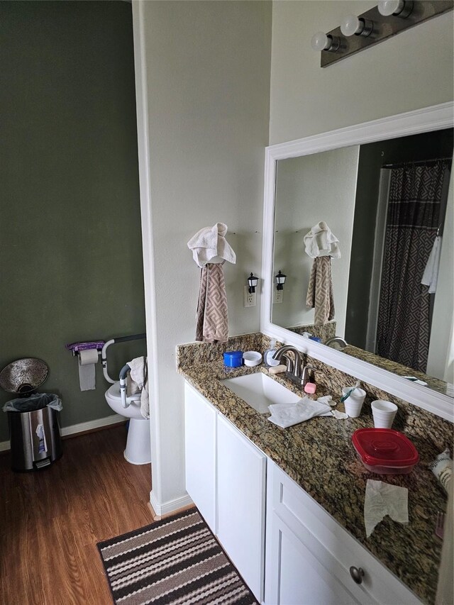 bathroom with wood-type flooring, vanity, and toilet