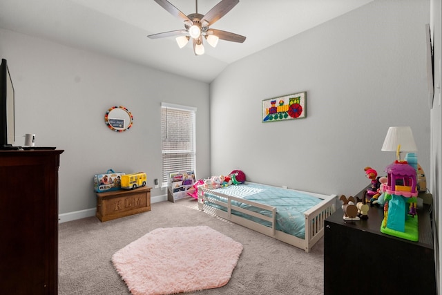 carpeted bedroom featuring ceiling fan and lofted ceiling