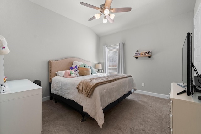 carpeted bedroom with ceiling fan and lofted ceiling