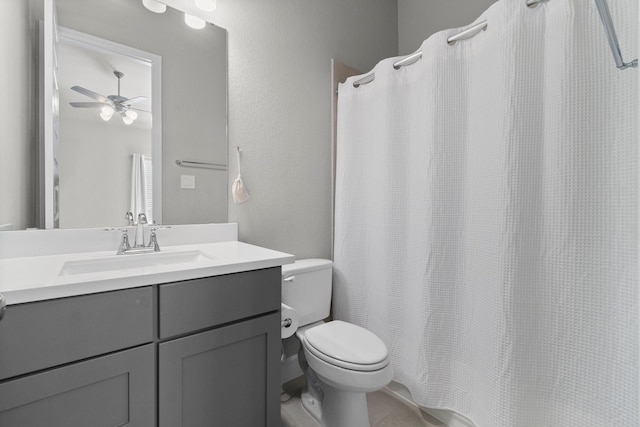 bathroom with ceiling fan, toilet, and vanity