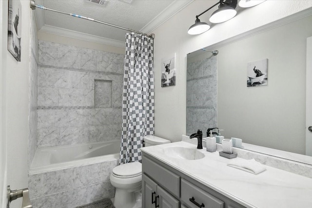 full bathroom featuring crown molding, a textured ceiling, toilet, shower / tub combo with curtain, and vanity