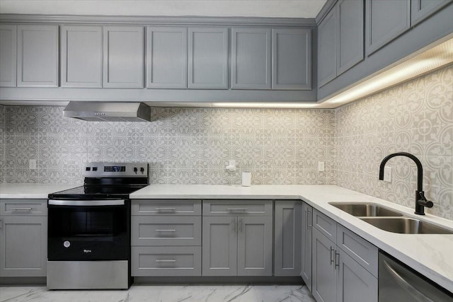 kitchen featuring decorative backsplash, gray cabinetry, stainless steel appliances, wall chimney range hood, and sink