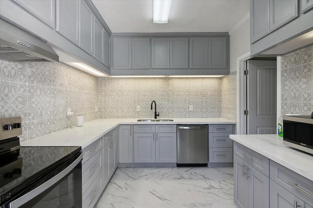 kitchen featuring exhaust hood, sink, gray cabinets, appliances with stainless steel finishes, and tasteful backsplash