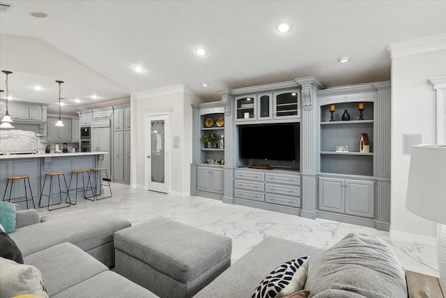 living room with lofted ceiling and crown molding