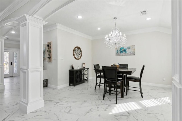 dining room with a chandelier, french doors, ornate columns, and ornamental molding