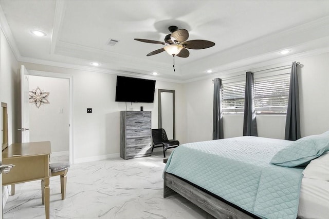 bedroom with a raised ceiling, ceiling fan, and crown molding