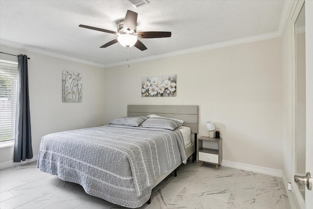 bedroom featuring a textured ceiling, ceiling fan, and crown molding