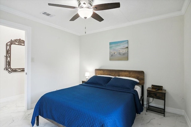 bedroom featuring a textured ceiling, ceiling fan, and ornamental molding