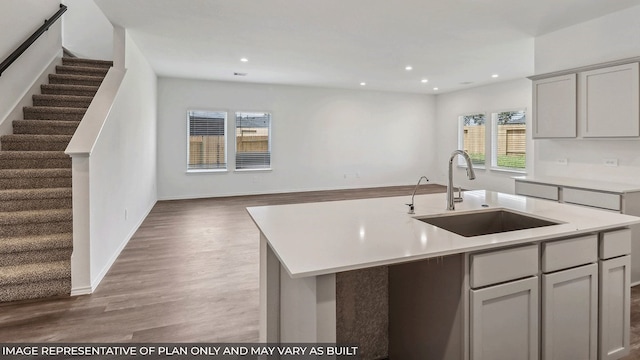 kitchen with hardwood / wood-style floors, gray cabinets, sink, and an island with sink