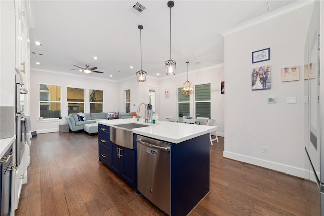 kitchen with white cabinetry, sink, stainless steel dishwasher, blue cabinets, and an island with sink