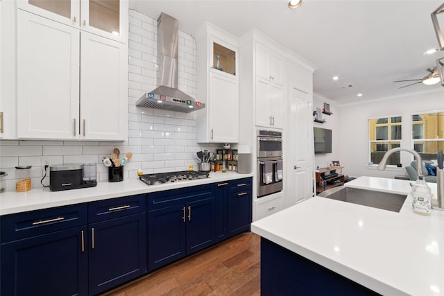 kitchen with blue cabinetry, white cabinetry, sink, wall chimney exhaust hood, and stainless steel appliances