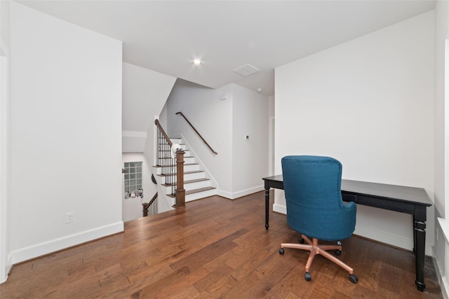 home office featuring dark hardwood / wood-style floors