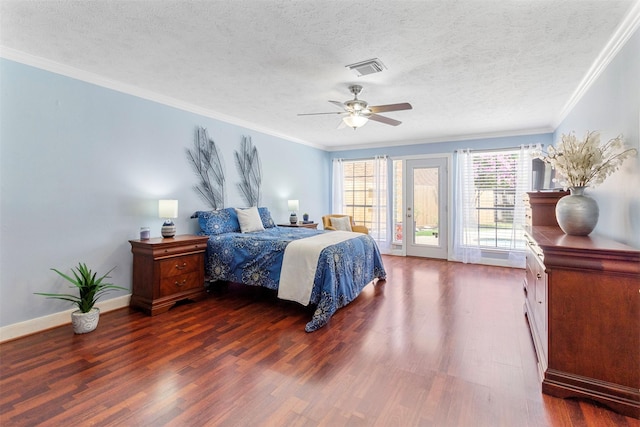 bedroom with access to outside, ceiling fan, crown molding, and dark hardwood / wood-style floors