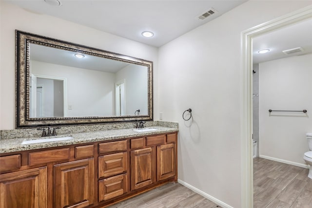 bathroom featuring vanity, toilet, and wood-type flooring