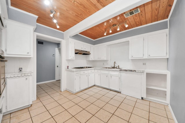 kitchen with crown molding, white cabinetry, sink, and wood ceiling